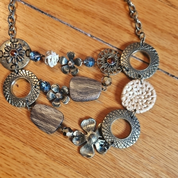 Mixed Metal and Wood Vintage Necklace, Tiered, Boho, Unique Statement Piece - Picture 4 of 5